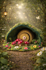 Felted fairy house with red mushrooms and flowers in a forest setting · view 2