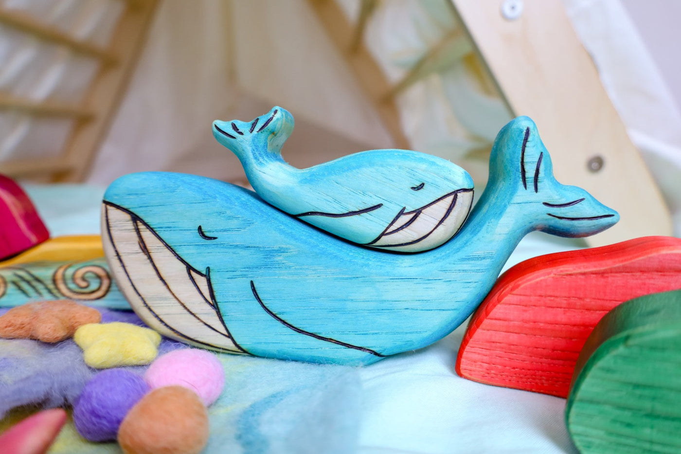 Wooden Blue Whale Toy- Mom Or Baby Whale