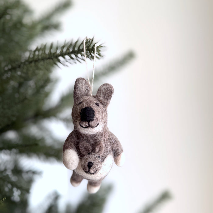 Handmade felt kangaroo ornament carrying a joey in her pouch