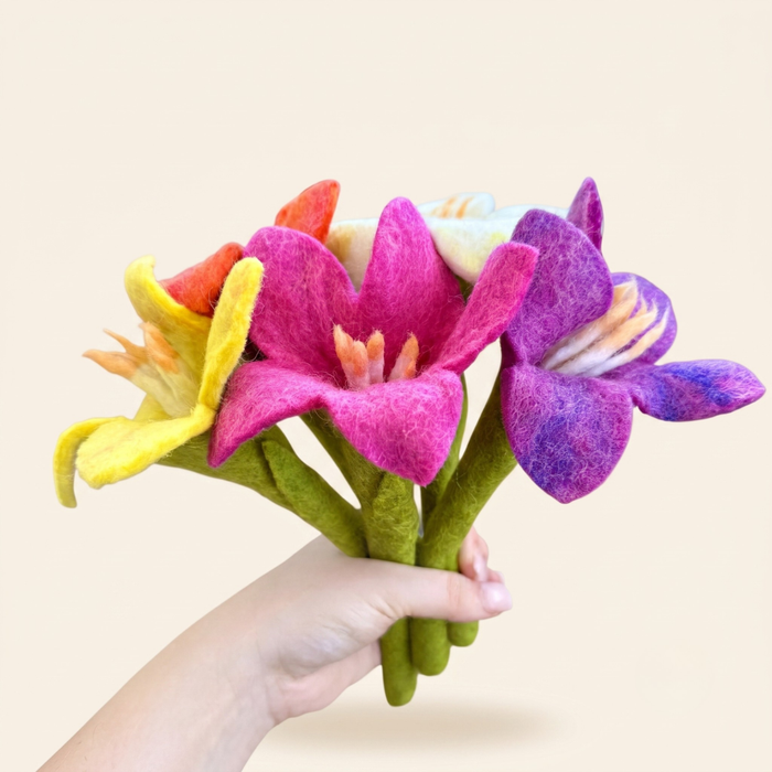 Little Brood felt flowers, a hand-felted wool bouquet in seven colors for felt gardens and sensory play.