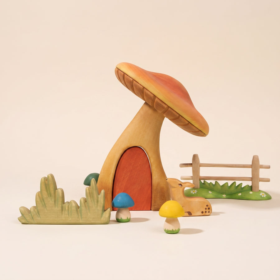 Second view of the wooden toadstool house with the door lifted out