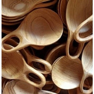 Small round teak scoop with a finger-hole handle