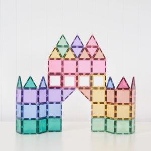 Connetix Pastel Creative Pack 104, every piece laid out by shape and colour