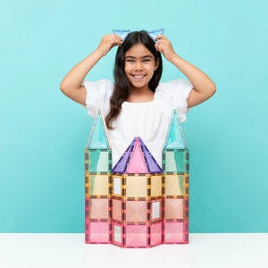 A castle built from Pastel magnetic tiles, open squares as windows