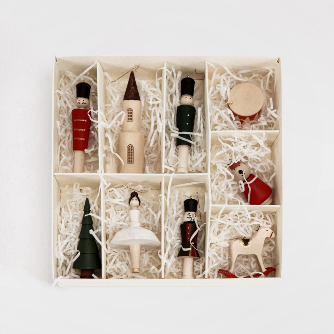 Pre-Order Sabo Concept Wooden Christmas Ornaments – Nutcracker, Ballerina, Mouse King & Soldiers (9-Piece Set)