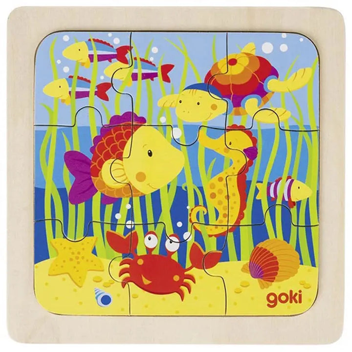 Goki Wooden Puzzle, 9 Pieces: Farm, Jungle, Sea, or City
