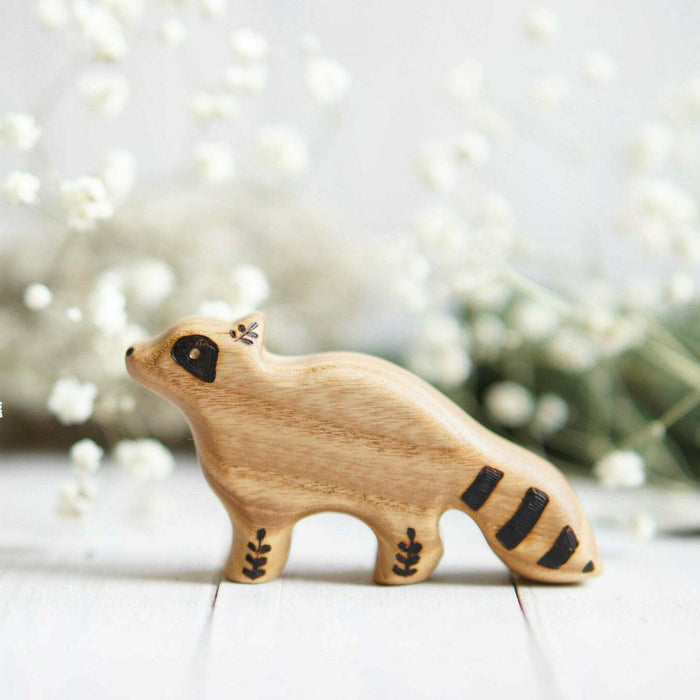 Wooden Baby Raccoon, Standing, a natural wood animal toy by Tiny Fox Hole, cut and finished by hand from solid wood