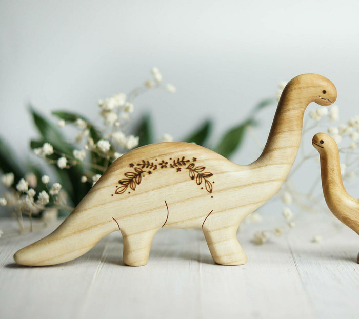 Wooden Brontosaurus, Mama, a natural wood animal toy by Tiny Fox Hole, cut and finished by hand from solid wood