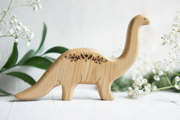 Wooden Brontosaurus, Papa, a natural wood animal toy by Tiny Fox Hole, cut and finished by hand from solid wood