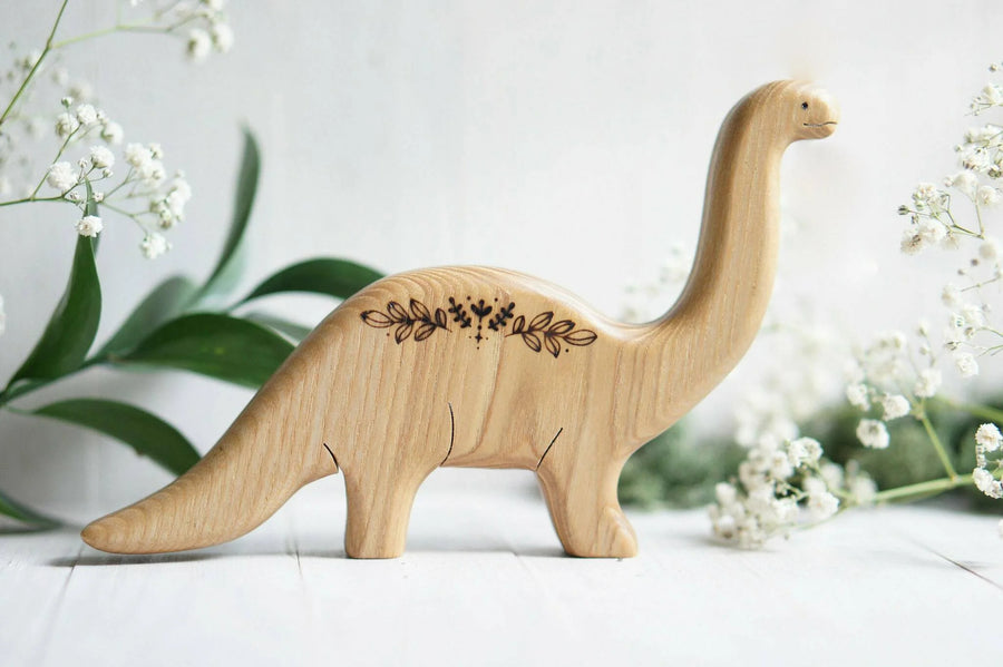 Wooden Brontosaurus, Papa, a natural wood animal toy by Tiny Fox Hole, cut and finished by hand from solid wood