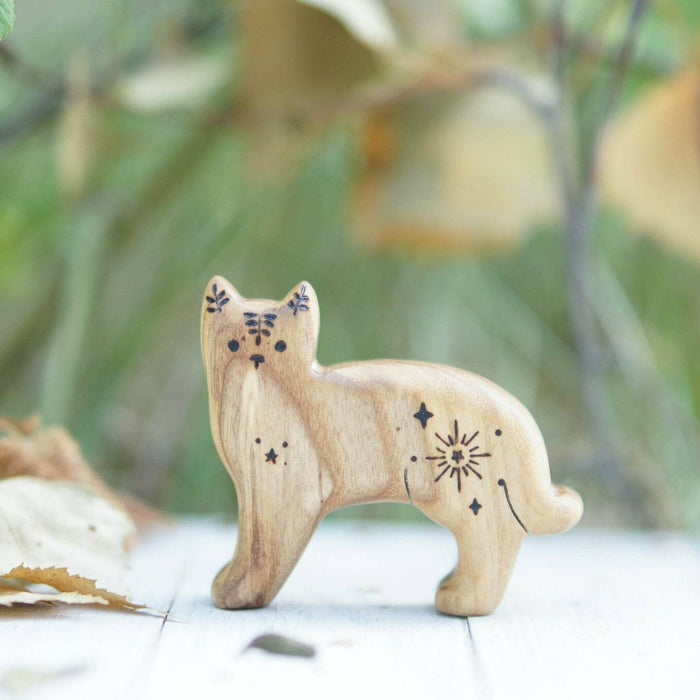 Wooden Cat, Star, a natural wood animal toy by Tiny Fox Hole, cut and finished by hand from solid wood
