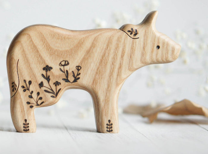 Wooden Cow, Floral, a natural wood animal toy by Tiny Fox Hole, cut and finished by hand from solid wood