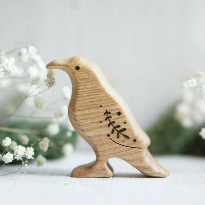 Wooden Crow, a natural wood animal toy by Tiny Fox Hole, cut and finished by hand from solid wood