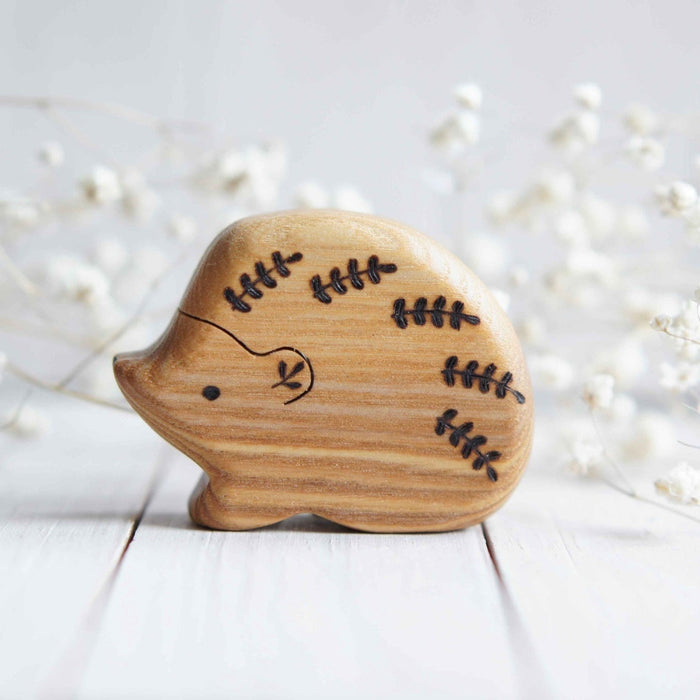 Wooden Hedgehog, Papa, a natural wood animal toy by Tiny Fox Hole, cut and finished by hand from solid wood