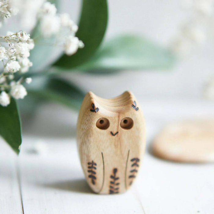 Wooden Owl, a natural wood animal toy by Tiny Fox Hole, cut and finished by hand from solid wood