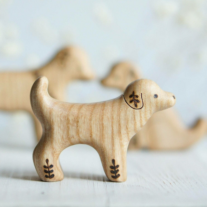 Wooden Puppy, Standing, a natural wood animal toy by Tiny Fox Hole, cut and finished by hand from solid wood