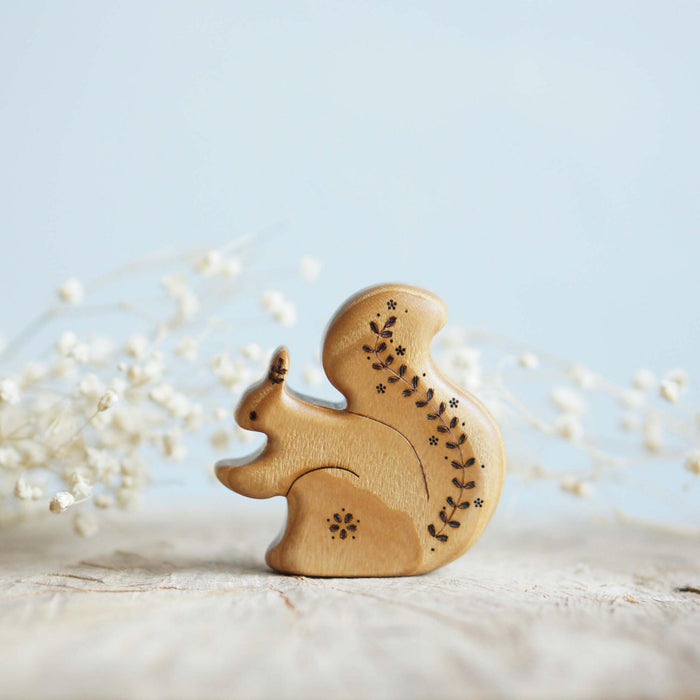 Wooden Squirrel with Flowers, a natural wood animal toy by Tiny Fox Hole, cut and finished by hand from solid wood