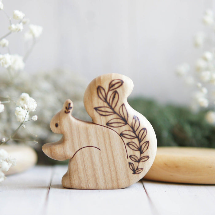 Wooden Squirrel with Leaves, a natural wood animal toy by Tiny Fox Hole, cut and finished by hand from solid wood