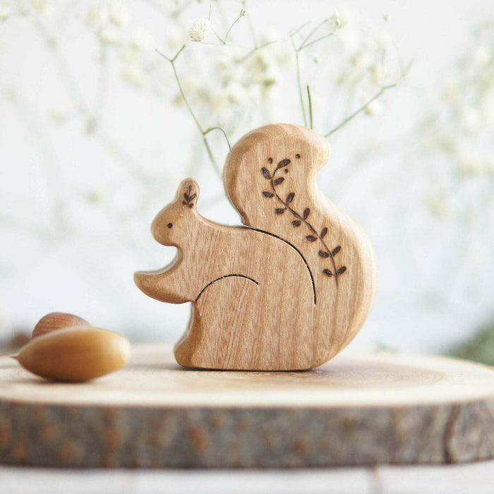 Wooden Squirrel with a Twig, a natural wood animal toy by Tiny Fox Hole, cut and finished by hand from solid wood