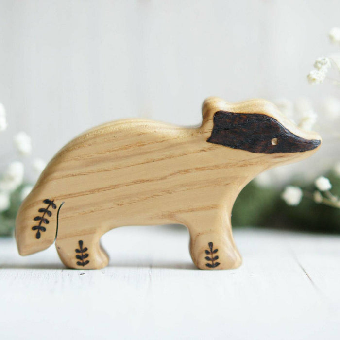 Wooden Badger, a natural wood animal toy by Tiny Fox Hole, cut and finished by hand from solid wood