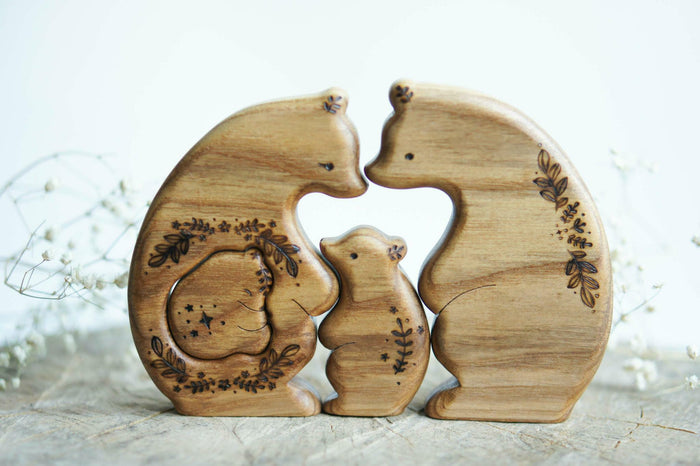 Wooden Bear Family Announcement Puzzle (Mom, Dad, and Two Little Ones), a wooden new-baby keepsake by Tiny Fox Hole, cut and finished by hand