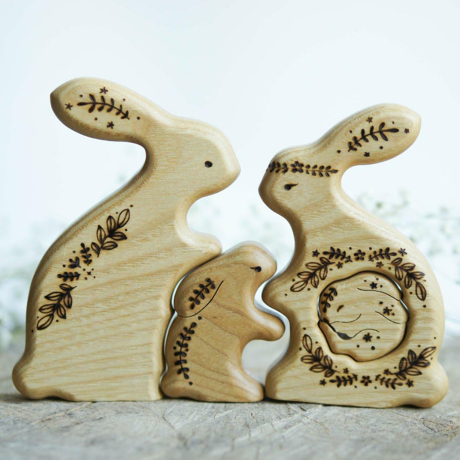 Wooden Bunny Family Announcement Puzzle (Mom, Dad, and Two Little Ones)