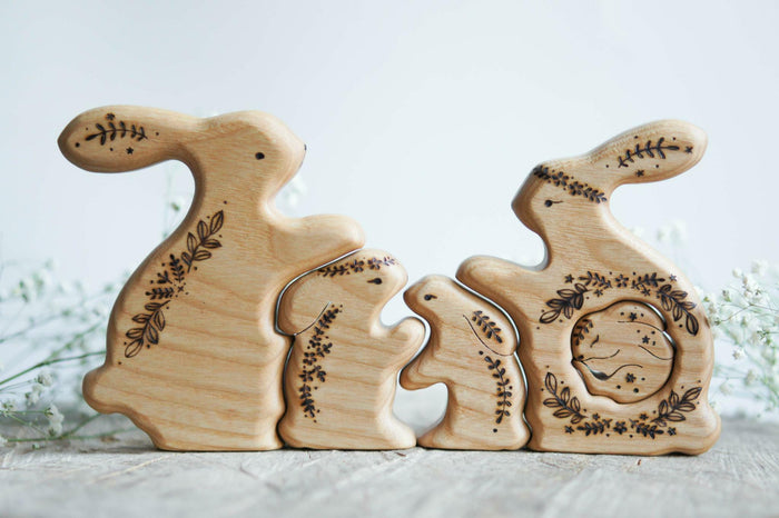 Wooden Bunny Family Announcement Puzzle (Mom, Dad, and Three Little Ones)