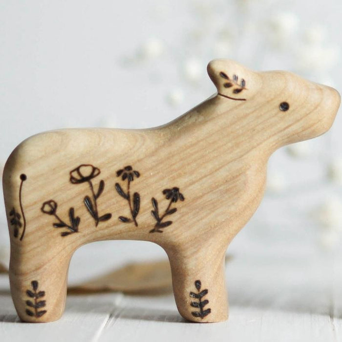 Wooden Calf, Floral, a natural wood animal toy by Tiny Fox Hole, cut and finished by hand from solid wood