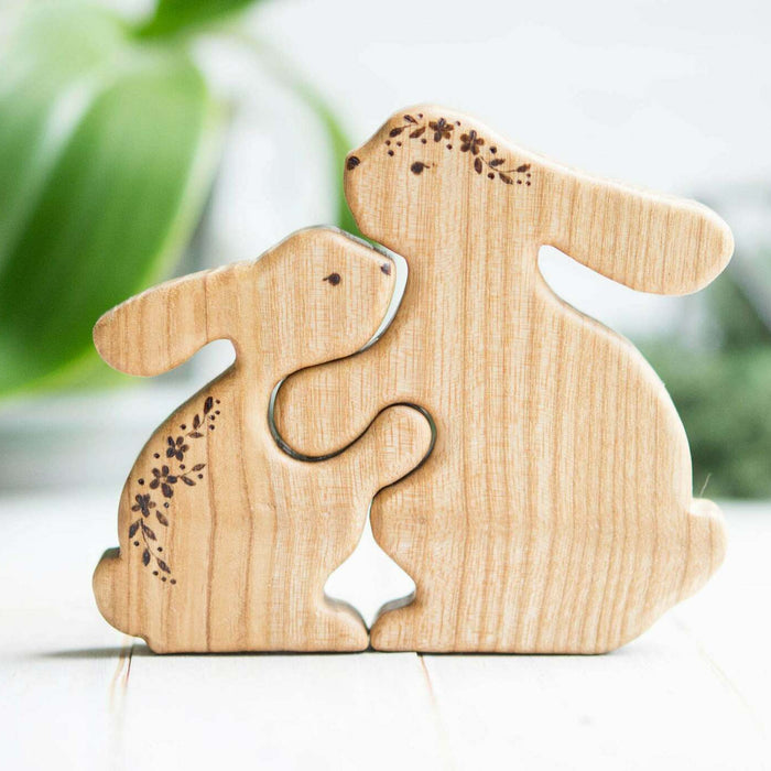 Wooden Mama and Baby Bunny Puzzle, a natural wood puzzle by Tiny Fox Hole, cut and finished by hand from solid wood