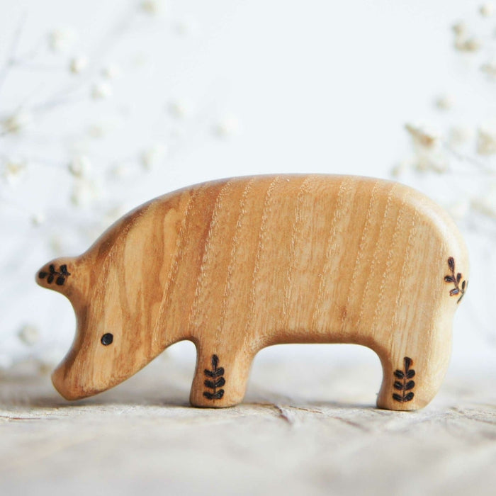 Wooden Pig, Looking Down, a natural wood animal toy by Tiny Fox Hole, cut and finished by hand from solid wood