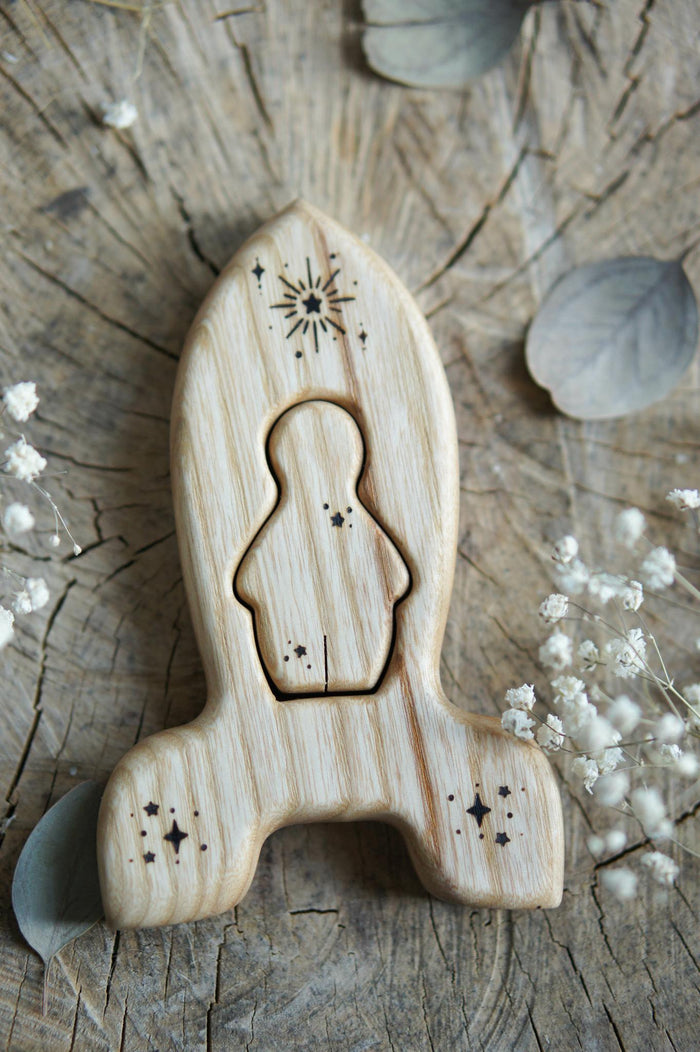 Wooden Rocket Puzzle with Star, a natural wood puzzle by Tiny Fox Hole, cut and finished by hand from solid wood