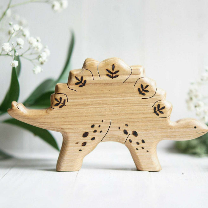 Wooden Stegosaurus, a natural wood animal toy by Tiny Fox Hole, cut and finished by hand from solid wood