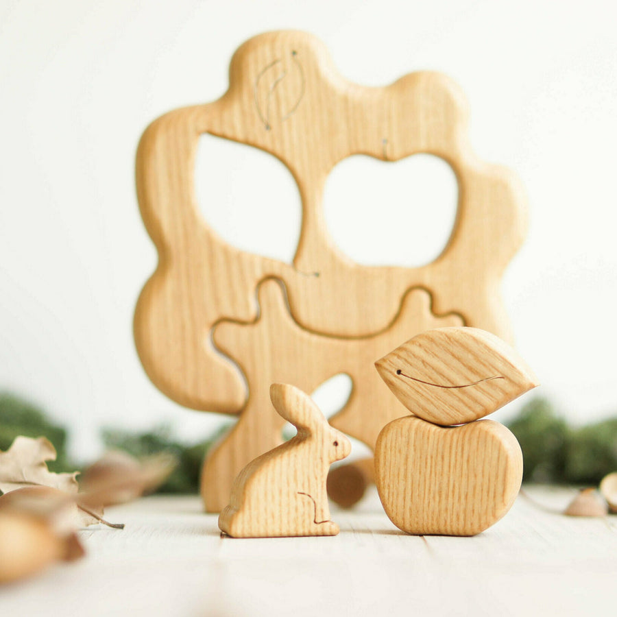 Wooden Tree Puzzle with Apple and Rabbit