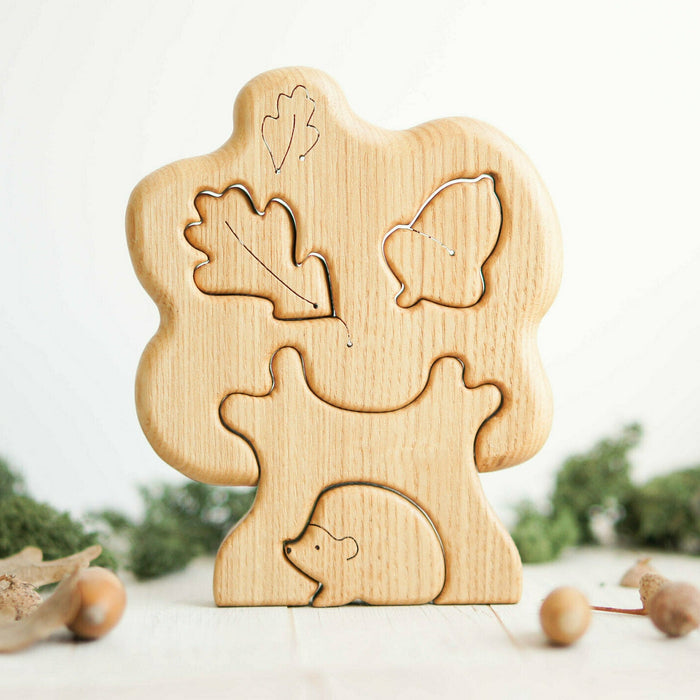 Wooden Tree Puzzle with Hedgehog, a natural wood puzzle by Tiny Fox Hole, cut and finished by hand from solid wood