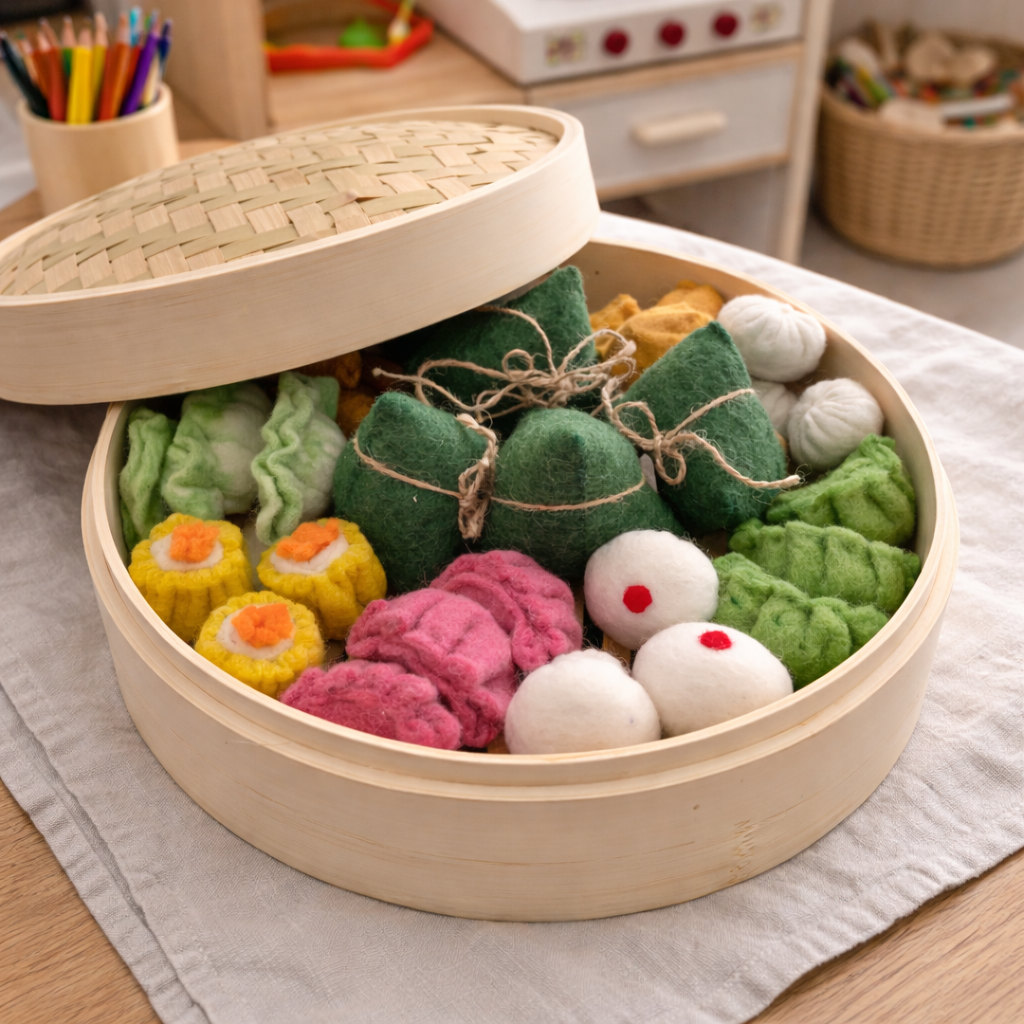 Yum Cha Set in Bamboo Steamer, Set of 31 piecess