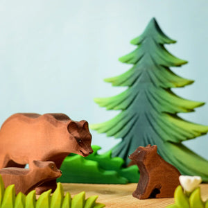 Bumbu Brown Bear Family — hand-carved wooden bear family, an apex-omnivore model for the woodland food web