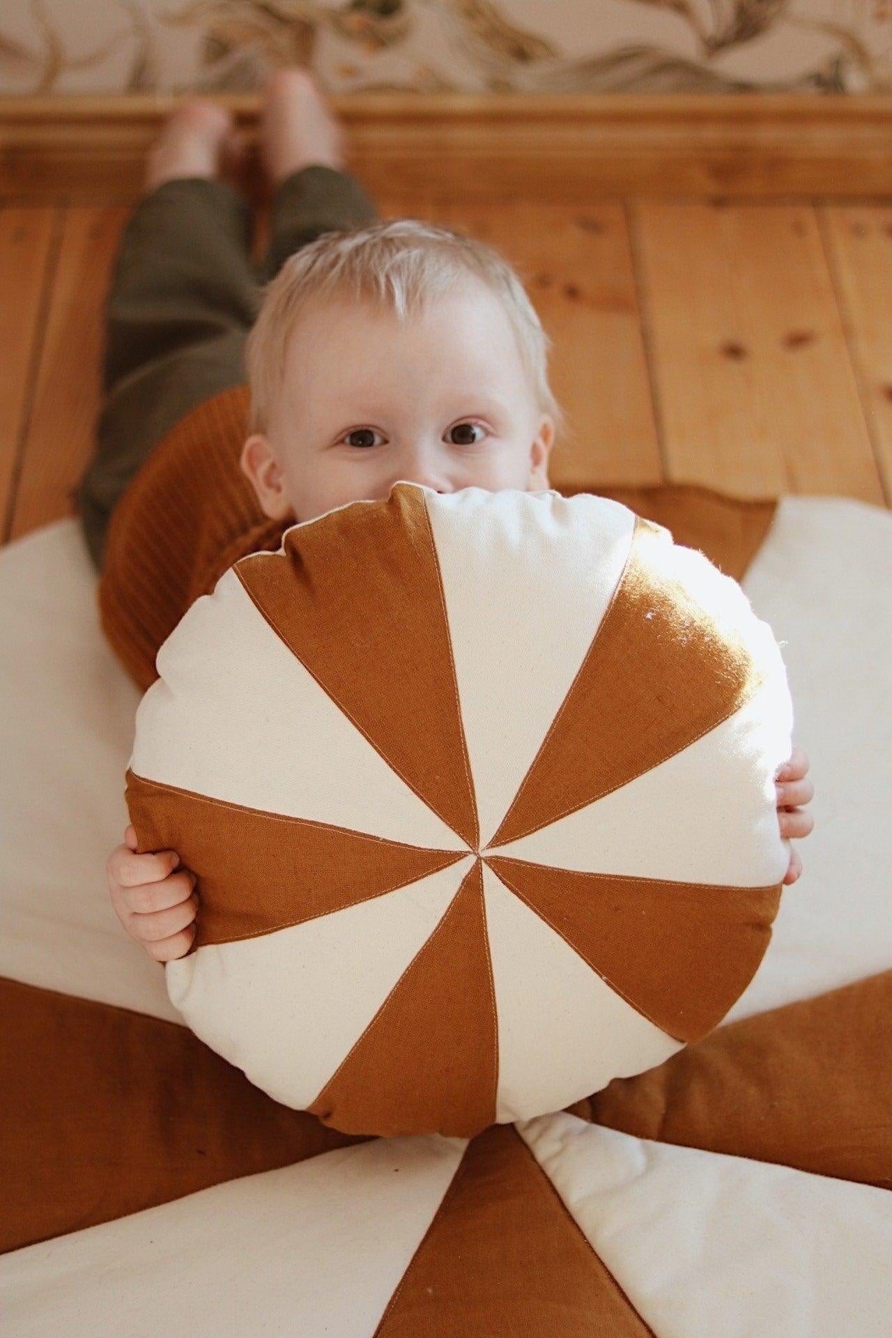 “Caramel Circus” Round Patchwork Pillow