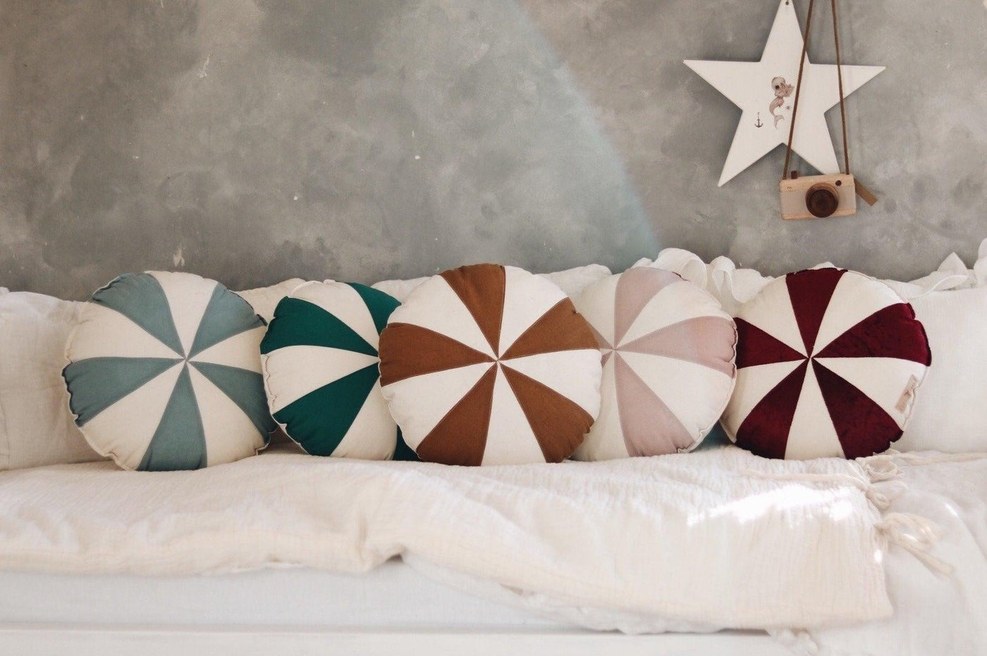 “Caramel Circus” Round Patchwork Pillow