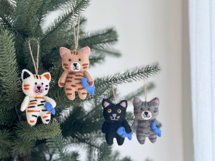 Felt Cat Ornament - Stitched Cat Holding Fish