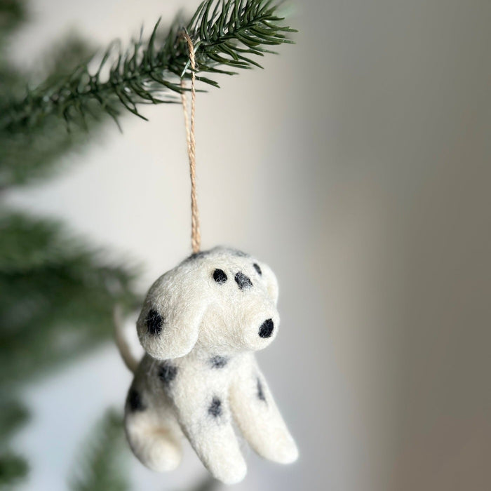 Felt Dalmatian Ornament, a wool felt ornament by Ganapati Crafts Co., needle-felted and hand-stitched in Nepal