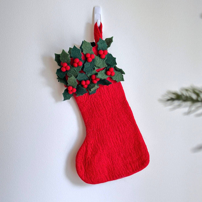 Felt Holly Christmas Stocking, a wool felt piece by Ganapati Crafts Co., needle-felted and hand-stitched in Nepal