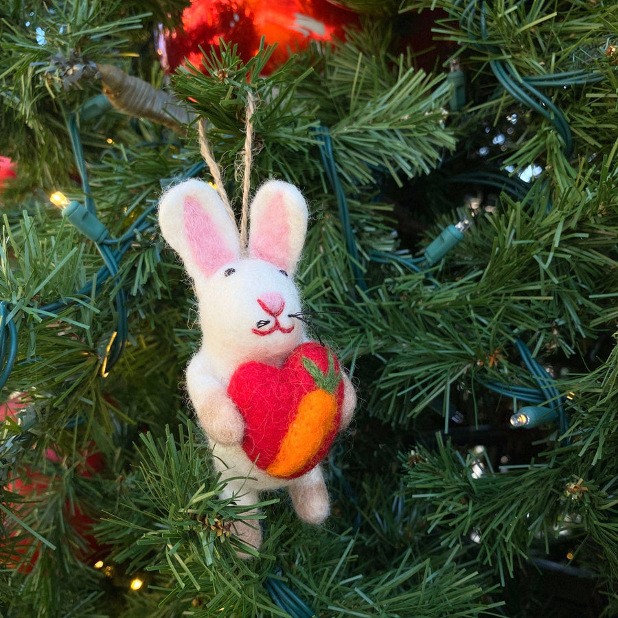 Felt Ornament - Bunny Holding A Heart, a wool felt ornament by Ganapati Crafts Co., needle-felted and hand-stitched in Nepal (view 2)