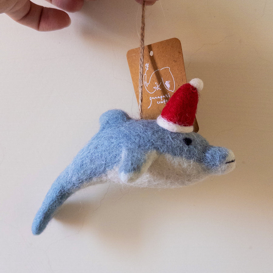Felt Ornament - Dolphin, a wool felt ornament by Ganapati Crafts Co., needle-felted and hand-stitched in Nepal (view 6)