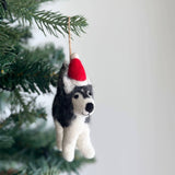 Felt Ornament - Husky with Christmas Hat, a wool felt ornament by Ganapati Crafts Co., needle-felted and hand-stitched in Nepal (view 3) · view 3