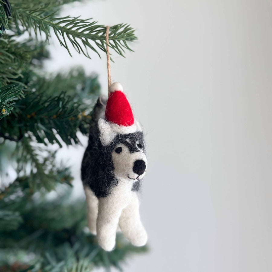 Felt Ornament - Husky with Christmas Hat, a wool felt ornament by Ganapati Crafts Co., needle-felted and hand-stitched in Nepal (view 3)
