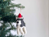 Felt Ornament - Husky with Christmas Hat, a wool felt ornament by Ganapati Crafts Co., needle-felted and hand-stitched in Nepal (view 4) · view 4