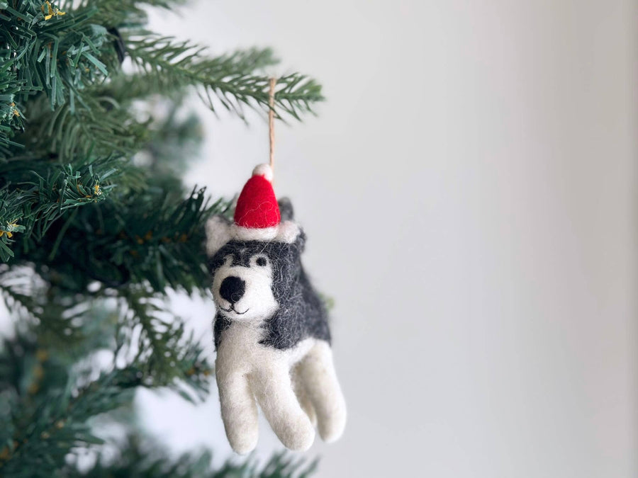 Felt Ornament - Husky with Christmas Hat, a wool felt ornament by Ganapati Crafts Co., needle-felted and hand-stitched in Nepal (view 4)