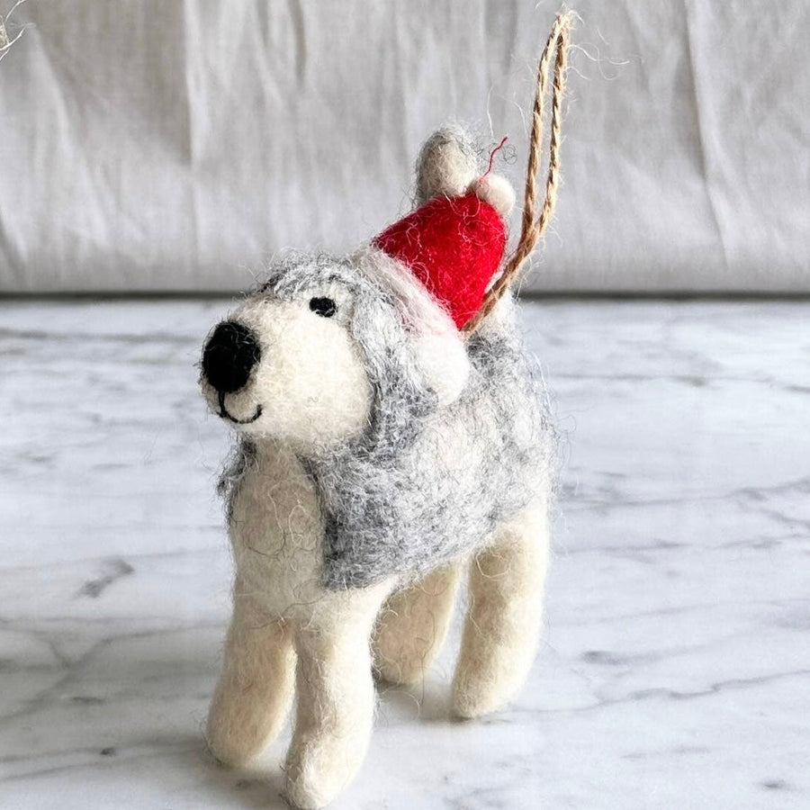 Felt Ornament - Husky with Christmas Hat, a wool felt ornament by Ganapati Crafts Co., needle-felted and hand-stitched in Nepal (view 5)