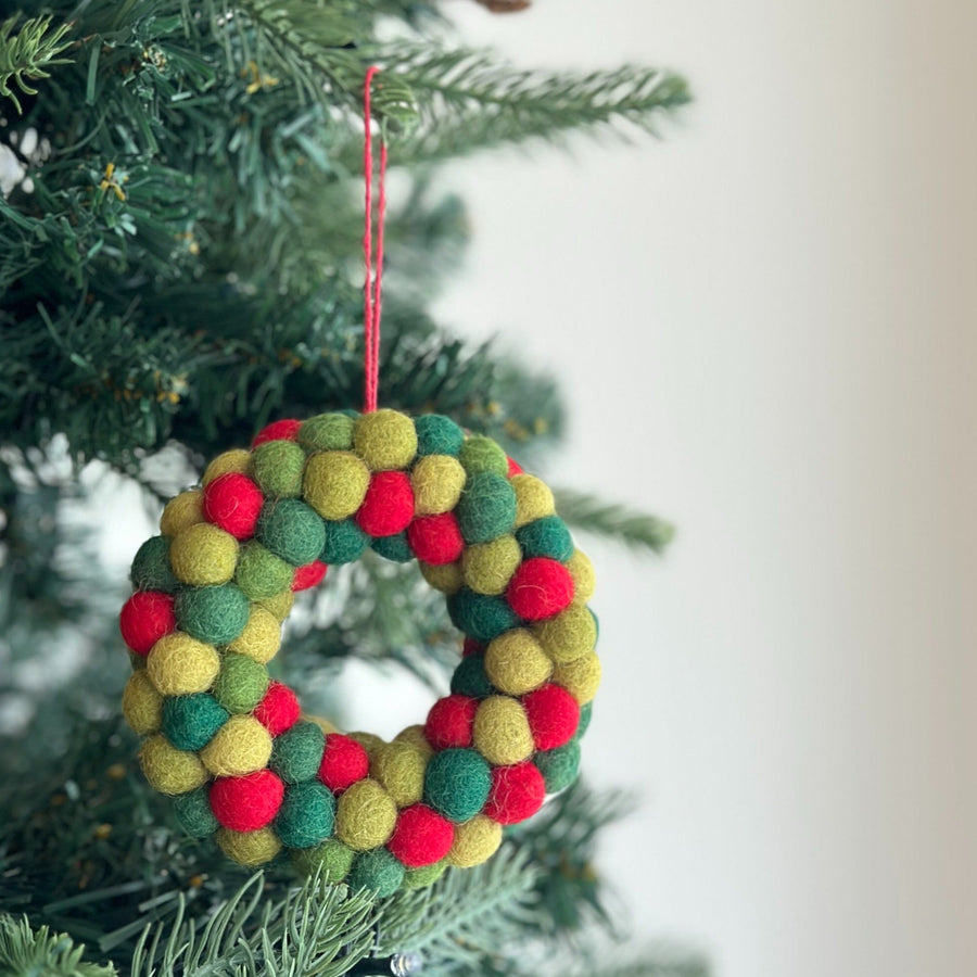 Felt Ornament - Mini Pompom Pompom Wreath, a wool felt ornament by Ganapati Crafts Co., needle-felted and hand-stitched in Nepal (view 2)