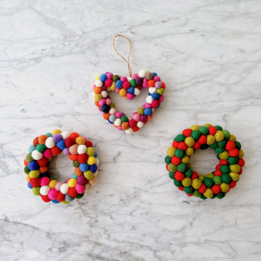 Felt Ornament - Mini Pompom Pompom Wreath, a wool felt ornament by Ganapati Crafts Co., needle-felted and hand-stitched in Nepal (view 3)